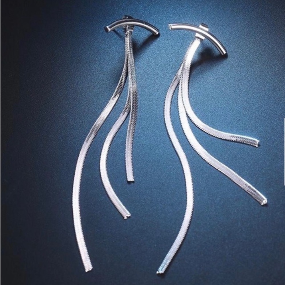 NEW SILVER BAR LONG TREAD TASSEL EARRINGS - Picture 2 of 4